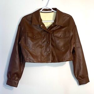 Brown Faux Leather Cropped Jacket